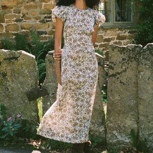 Doen Rhodia Cotton Puff Short Sleeve Maxi Midi Dress Blanc Narcissus Floral